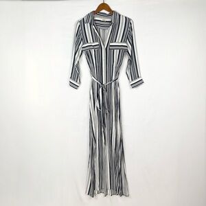 L’AGENCE Alani Long Sleeve Henley Dress in‎ Black and White Maxi Button Relaxed